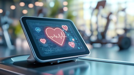 Digital health monitor displaying heart rate on a touchscreen in a fitness center with gym equipment in the background.