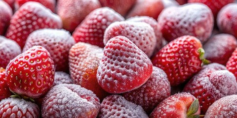 Closeup of frozen strawberries , fruits, berries, red, icy, fresh, cold, healthy, food, frozen, vibrant, group, closeup
