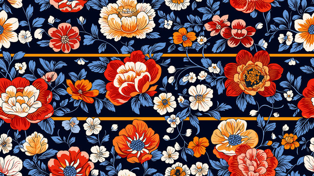 A vibrant illustration of the Pum Khao Bin pattern, with intricate floral details and vivid colors, set in a traditional Thai border design