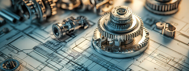 Fototapeta premium High-Tech Gears and Mechanical Parts on Blueprint