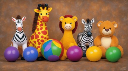 Fototapeta premium A colorful cardboard box full of plush toys and rubber balls, bathed in soft light, evokes sweet childhood memories
