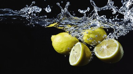 Lemons splashing into water against a black background, highlighting intricate details and vibrant colors in an 8k illustration.