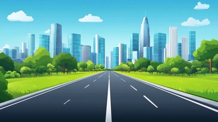 Fototapeta premium modern city, urban skyline with sun rising above skyscraper buildings, view from bridge. Morning metropolis cityscape with road and houses, town architecture, Cartoon vector illustration