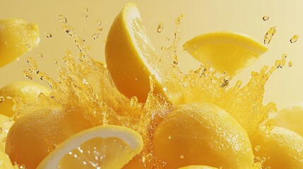 Surreal fruit photography featuring a delicate lemon waterfall, captured in wide-angle with a bright colored background. The image highlights a lemon splash, showcasing realistic texture and rich deta