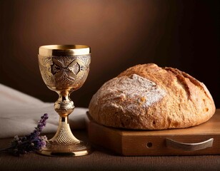 Easter Communion Still life with chalice of wine and bread