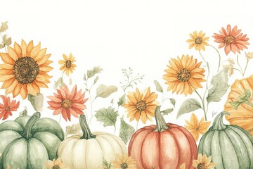 Autumn Thanksgiving Watercolor Pumpkins with leaves and harvest on white background. Fall floral arrangement with Pumpkins, Berries and Leaves
