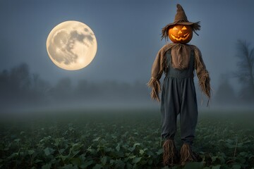 Fototapeta premium A pumpkin-headed scarecrow standing in a foggy field under a full moon, AI-Generated