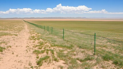 Fototapeta premium A vibrant green chain-link fence stands against a bright blue sky with scattered clouds in a serene desert landscape ideal for activities