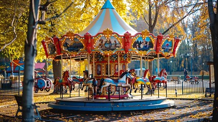 Fototapeta premium Carousel with horses for small children made of colored plastic on a playground on a sunny day