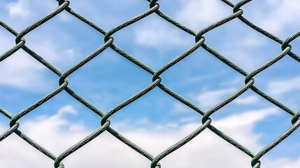 Fototapeta premium A vibrant green chain-link fence stands against a bright blue sky with scattered clouds in a serene desert landscape ideal for activities
