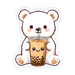 Cute Bear Holding Boba Tea Cup With Smiling Face, generative ai