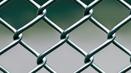 Fototapeta premium A sunlit green chain-link fence against a vivid blue sky and fluffy white clouds on a sandy beach landscape in broad daylight