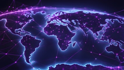 A glowing, abstract digital representation of the world with purple and blue lines connecting continents and continents.
