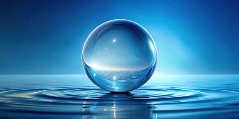 Abstract water bubble on blue background. Blue distorted droplet floating, Purity concept. render , water, bubble, abstract