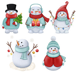 Set of Five Cute Snowmen in Winter, Snowman in Hat and Scarf, Christmas Things, Hand Drawn Clipart

