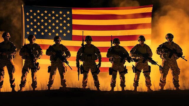A group of soldiers stand in silhouette, their faces obscured, against a large American flag waving in the wind