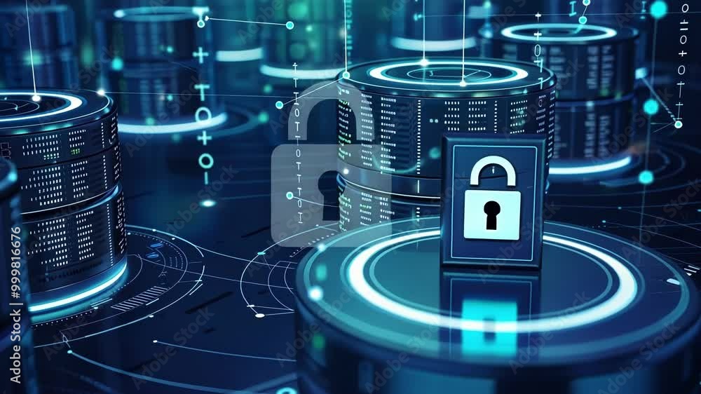 Poster glowing padlock is securing data servers, symbolizing robust cybersecurity measures in the digital r