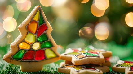 Christmas home made stained glass cookies on green background with bokeh lights selective focus