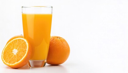 fresh squeezed orange juice or OJ has a lot of Vitamin C, Folic acid with juice vesicle bits, or pulp. Isolated on white background with copy space. blood, navel, Valencia, clementine or tangerine