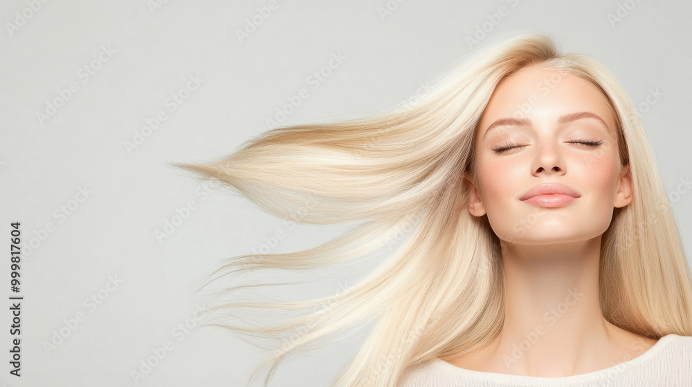 Poster young beautiful woman with flying hair