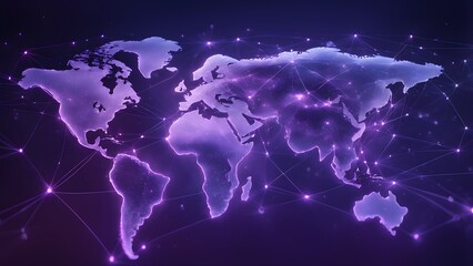 An abstract world map with glowing lines connecting different points on the map, representing global interconnectedness.