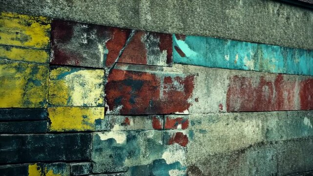 A weathered brick wall covered in faded paint shows the marks of time and neglect in an urban environment