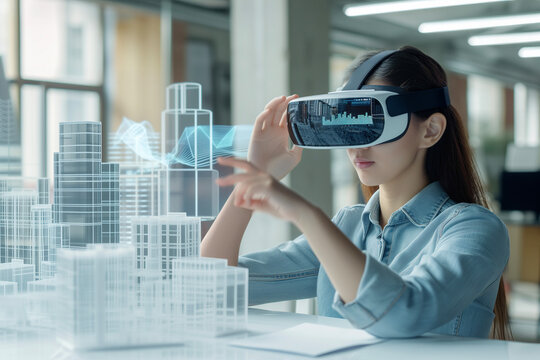 A female architect uses a VR headset to design a detailed city model, showcasing the integration of virtual reality in modern urban planning.