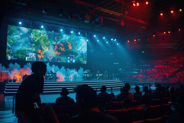 Large E-sports championship featuring a vibrant stage, intense gameplay on a big screen, and an engaged live audience full of fans. Team cyber sports tournament in the big arena