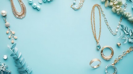Blue and Gold Jewelry Flat Lay with Copy Space