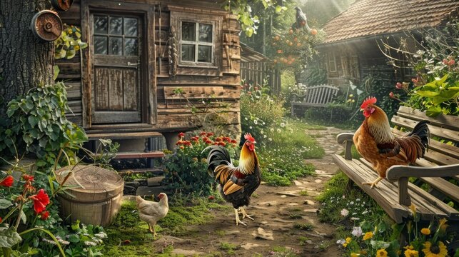 Chickens and a rooster walking in the backyard of a farmhouse. 