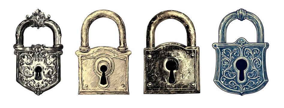 set of vintage lock illustration isolated on transparent background