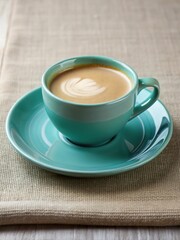 Obraz premium A beautifully crafted cup of coffee with latte art resting on a teal saucer on a light textured background