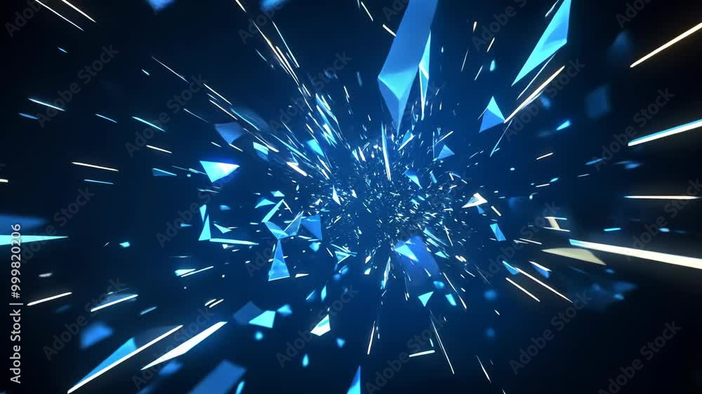 Poster a blue and white abstract digital art image featuring geometric shapes and lines moving in a radial 