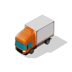 Fototapeta premium 3D Isometric Cargo Truck Photoreal Vector Illustration Modern Orange Cabine and White Van City Delivery Vehicle 4x2 Design for Logistics and Transport Presentation Social Media Video Promo Front Left