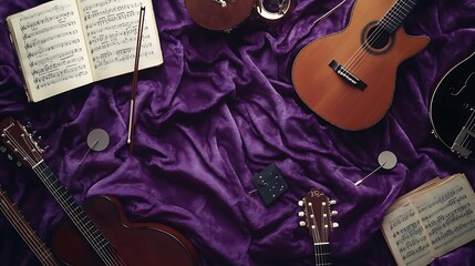 Music Instruments  Guitars  Purple Blanket  Sheet Music  Background