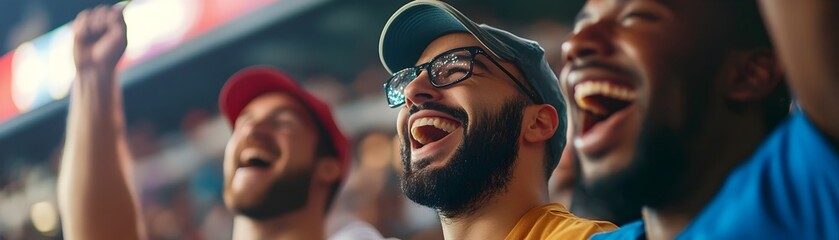 Three enthusiastic sports fans celebrating and bonding over shared team spirit at a lively event