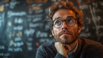 Thoughtful Man with Glasses Looking Up
