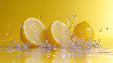 Surreal fruit photography featuring a delicate lemon waterfall, captured in wide-angle with a bright colored background. The image highlights a lemon splash, showcasing realistic texture and rich deta