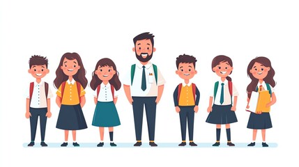 Obraz premium Adorable flat illustration of a male and female teacher with students in school uniforms, on a white background, Teachers with Students, School setting