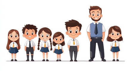 Fototapeta premium Cartoon boy and girl schoolchildren in uniforms, smiling with their male and female teachers, placed on a white backdrop, School Kids and Teachers, Fun learning environment