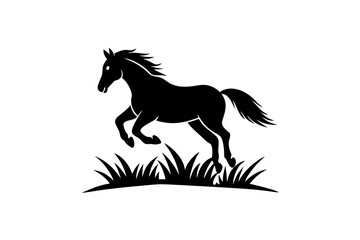 Horse jumping on grass icon logo silhouette vector on white background