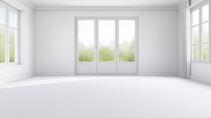 Fototapeta premium Plant against a white wall mockup. White wall mockup with brown curtain, plant and wood floor. 3D illustration.
