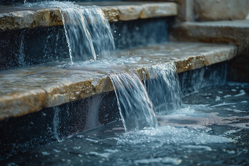 A tranquil waterfall cascades over stone steps, creating a serene, soothing atmosphere with shimmering water and gentle ripples.