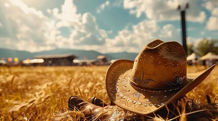 Country music festival live concert with cowboy hat and boots by wheat field at ranch stables background
