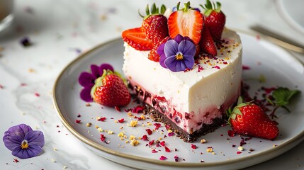 Creamy mascarpone cheese cake with strawberry and edible flowers