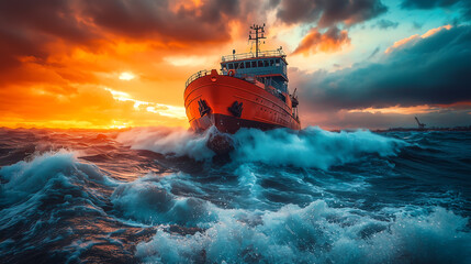 A vibrant sunset scene features a bold orange ship navigating through turbulent waves, creating a dramatic, powerful atmosphere.