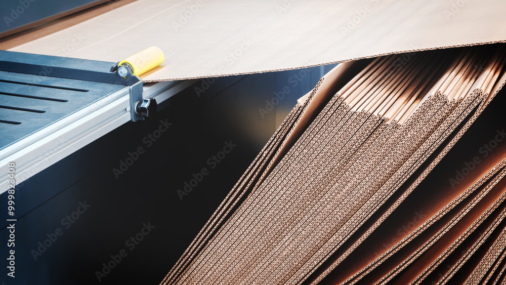 Poster industrial conveyor for packing in cardboard, stack of brown cardboard boxes. boxes are stacked on t