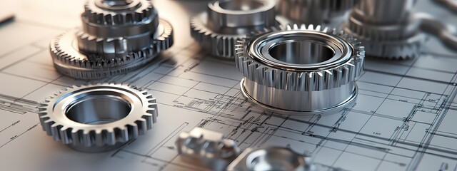 Detailed Metallic Gears on a High-Tech Blueprint