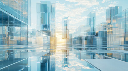 Futuristic cityscape with tall, glass skyscrapers reflecting the clear sky. The buildings feature clean lines and geometric shapes. soft gradient sky.