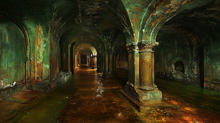 Obraz premium A dark, atmospheric underground corridor with arches, illuminated by subtle light, featuring damp walls and reflections in the murky water.